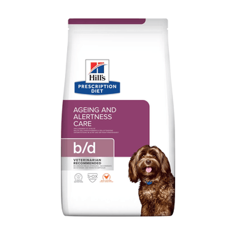 Hills Prescription Diet Ageing and Alertness Care dry dog food packaged in a white bag with a brown adult dog pictured on the bag. Text on bag says 'Hill's Prescription Diet, Ageing and Alertness Care' and 'B/D, Veterinarian recommended' pictured on white background.