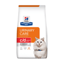 Hills Prescription Diet C/D Urinary Care Chicken flavour dry cat food packaged in a white bag with an adult long haired white tabby cat pictured on the bag. Text on bag says 'Hill's Prescription Diet, Kidney + Mobility' and 'C/D Multi care Stress, Veterinarian recommended' pictured on white background.