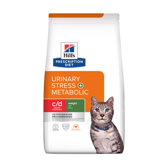 Hills Prescription Diet Urinary Stress +Metabolic dry cat food with Chicken packaged in a white bag with an adult silver tabby cat pictured on the bag. Text on bag says 'Hill's Prescription Diet, Urinary Stress + Metabolic' and 'C/D Stress Multicare, Weight, Veterinarian recommended' pictured on white background.