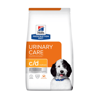 Hills Prescription Diet Urinary Care dry dog food packaged in a white bag with an adult black and white dog pictured on the bag. Text on bag says 'Hill's Prescription Diet, Urinary Care' and 'C/D Multicare, Veterinarian recommended' pictured on white background.