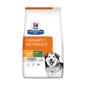Hills Prescription Diet Urinary + Metabolic dry dog food packaged in a white bag with an adult black and white dog pictured on the bag. Text on bag says 'Hill's Prescription Diet, Urinary + Metabolic' and 'C/D Multicare Weight, Veterinarian recommended' pictured on white background.