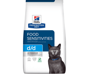 Hills Prescription Diet D/D Food Sensitivities dry cat food packaged in a white bag with an adult grey cat pictured on the bag. Text on bag says 'Hill's Prescription Diet, Food Sensitivities' and 'D/D, Veterinarian recommended' pictured on white background.