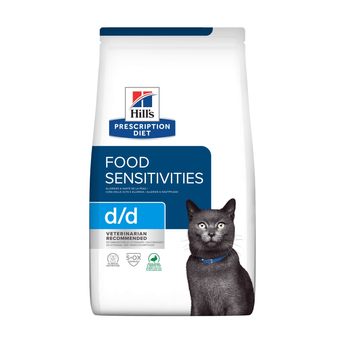 Hills Prescription Diet D/D Food Sensitivities dry cat food packaged in a white bag with an adult grey cat pictured on the bag. Text on bag says 'Hill's Prescription Diet, Food Sensitivities' and 'D/D, Veterinarian recommended' pictured on white background.
