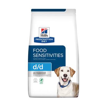 Hills Prescription Diet Food Sensitivities dry dog food packaged in a white bag with an adult golden Labrador pictured on the bag. Text on bag says 'Hill's Prescription Diet, Food Sensitivities' and 'D/D, Veterinarian recommended' pictured on white background.
