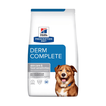 Hills Prescription Diet Derm Complete dry dog food packaged in a white bag with a brown and white adult dog pictured on the bag. Text on bag says 'Hill's Prescription Diet, Derm Complete' and 'Skin Care & Food Sensitivities', Veterinarian recommended' pictured on white background.