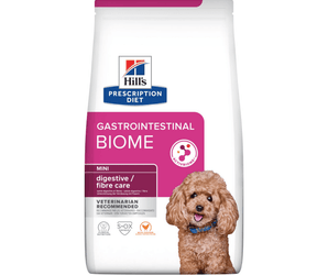 Hills Prescription Diet Gastrointestinal Biome dry dog food packaged in a white bag with an brown adult toy poodle-type pictured on the bag. Text on bag says 'Hill's Prescription Diet, Gastrointestinal Biome' and 'Mini, digestive/ fibre care, Veterinarian recommended' pictured on white background.