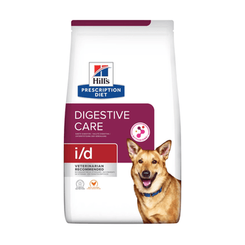 Hills Prescription Diet Digestive Care dry dog food packaged in a white bag with a large brown adult dog pictured on the bag. Text on bag says 'Hill's Prescription Diet, Digestive Care' and 'I/D, Veterinarian recommended' pictured on white background.