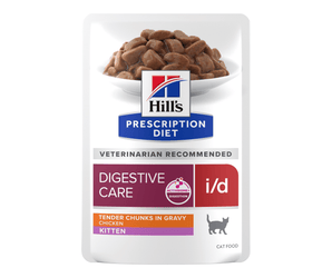 Hill's Prescription Diet i/d Digestive Care kitten tender chunks in gravy cat food pouch, featuring a white background with a photo of wet cat food and product branding.