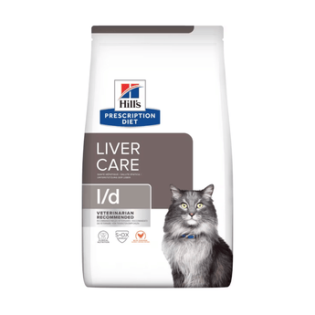 Hills Prescription Diet I/D Liver Care dry cat food packaged in a white bag with an adult long haired grey cat pictured on the bag. Text on bag says 'Hill's Prescription Diet, Liver Care' and 'I/D, Veterinarian recommended' pictured on white background.