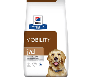 Hills Prescription Diet Mobility 'Joint Care' dry dog food packaged in a white bag with an adult Golden Retriever dog pictured on the bag. Text on bag says 'Hill's Prescription Diet, Mobility' and 'J/D, Veterinarian recommended' pictured on white background.
