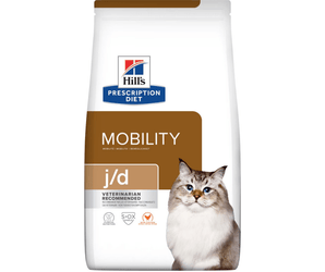 Hills Prescription Diet J/D Mobility dry cat food packaged in a white bag with an adult tabby point Siberian cat pictured on the bag. Text on bag says 'Hill's Prescription Diet, Mobility' and 'J/D, Veterinarian recommended' pictured on white background.