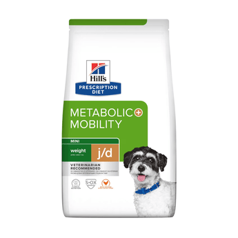 Hills Prescription Diet Digestive Care dry dog food packaged in a white bag with an adult black and white terrier dog pictured on the bag. Text on bag says 'Hill's Prescription Diet, Metabolic +Mobility' and 'Weight J/D, Veterinarian recommended' pictured on white background.