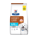 Hills Prescription Diet Kidney Care Early Stage dry dog food packaged in a white bag with a white adult dog pictured on the bag. Text on bag says 'Hill's Prescription Diet, Kidney Care' and 'K/D Early Stage, Veterinarian recommended' pictured on white background.