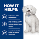 Picture of a white adult dog pictured next to a blue section with white text stating 'How it helps: Early support of vital kidney function, Helps manage the changes in the gut microbiome caused by impaired kidney function, Supports natural ability to build and maintain muscle mass.'