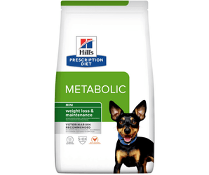 Hills Prescription Diet Digestive Care dry dog food packaged in a white bag with an adult black and tan terrier dog pictured on the bag. Text on bag says 'Hill's Prescription Diet, Metabolic' and 'Weight loss & Maintenance, Veterinarian recommended' pictured on white background.