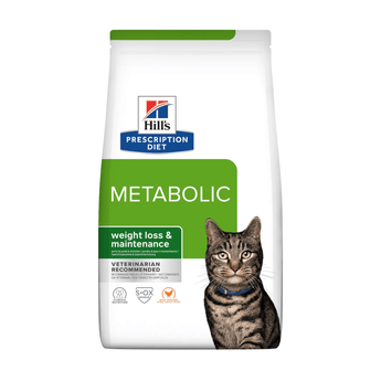 Hills Prescription Diet Metabolic dry cat food with Chicken packaged in a white bag with an adult brown tabby cat pictured on the bag. Text on bag says 'Hill's Prescription Diet, Metabolic' and 'Weight loss & maintenance, Veterinarian recommended' pictured on white background.