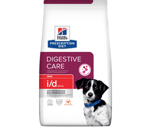 Hills Prescription Diet Digestive Care dry dog food packaged in a white bag with a black and white dog pictured on the bag. Text on bag says 'Hill's Prescription Diet, Digestive Care' and 'Mini I/D stress, Veterinarian recommended' pictured on white background.