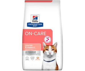Hills Prescription Diet On Care dry cat food packaged in a white bag with an adult ginger and white cat pictured on the bag. Text on bag says 'Hill's Prescription Diet, On-Care' and 'Nourish & Support', Veterinarian recommended' pictured on white background.