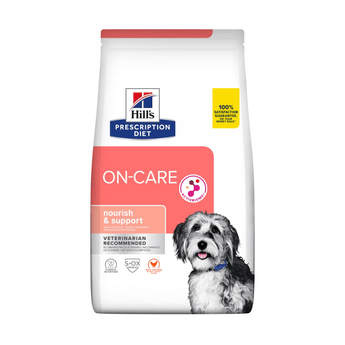 Hills Prescription Diet On Care dry dog food packaged in a white bag with a long haired grey adult dog pictured on the bag. Text on bag says 'Hill's Prescription Diet, On-Care' and 'Nourish & Support', Veterinarian recommended' pictured on white background.