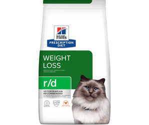 Hills Prescription Diet R/D Weight Loss dry cat food packaged in a white bag with an adult Ragdoll cat pictured on the bag. Text on bag says 'Hill's Prescription Diet, Weight Loss' and 'R/D, Veterinarian recommended' pictured on white background.