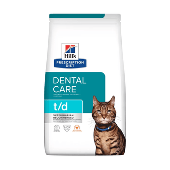 Hills Prescription Diet T/D Dental Care dry cat food packaged in a white bag with an adult brown tabby cat pictured on the bag. Text on bag says 'Hill's Prescription Diet, Dental Care' and 'T/D, Veterinarian recommended' pictured on white background.