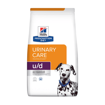 Hills Prescription Diet Urinary Care dry dog food packaged in a white bag with an adult Dalmatian dog pictured on the bag. Text on bag says 'Hill's Prescription Diet, Urinary Care' and 'U/D, Veterinarian recommended' pictured on white background.