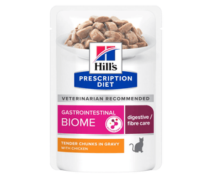 Hills Prescription cat food pouch with a bowl full of food pictured on the label, text reads 'Gastrointestinal Biome, digestive/fibre care' and 'Tender chucks in gravy with chicken' on a white background.