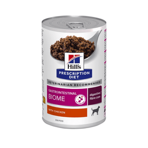 Hills Prescription dog food tin with a spoon full of food pictured on the label, text reads 'Gastrointestinal Biome' and 'Digestive/fibre care' and 'with chicken' on a white background.