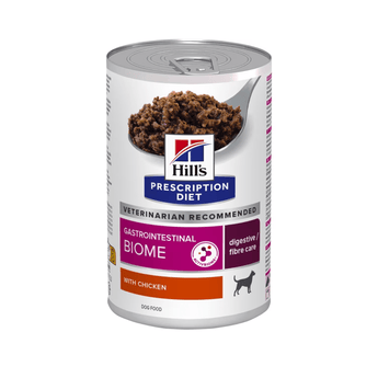 Hills Prescription dog food tin with a spoon full of food pictured on the label, text reads 'Gastrointestinal Biome' and 'Digestive/fibre care' and 'with chicken' on a white background.
