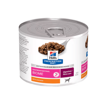 Hills Prescription dog food tin with a spoon full of food pictured on the label, text reads 'Gastrointestinal Biome' and 'Digestive/fibre care' and 'with chicken' on a white background.