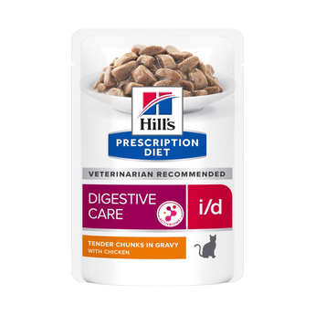 Hills Prescription cat food pouch with a bowl full of food pictured on the packet, text reads 'Digestive Care, I/D' and 'Tender chunks in Gravy with Chicken' on a white background.