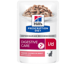 Hills Prescription cat food pouch with a bowl full of food pictured on the packet, text reads 'Digestive Care, I/D' and 'Tender chunks in Gravy with Salmon' on a white background.