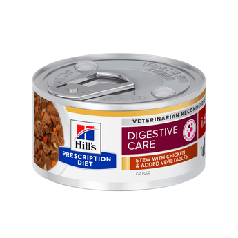 Hills Prescription cat food tin with a bowl full of food pictured on the label, text reads 'Digestive Care, I/D' and 'Stew with chicken & added vegetables' on a white background.