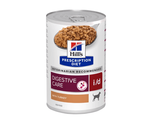 Hills Prescription dog food tin with a bowl full of food pictured on the label, text reads 'Digestive Care' and 'I/D' and 'with Turkey' on a white background.