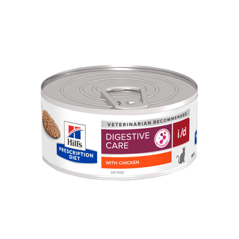 Hills Prescription cat food tin with a spoon full of food pictured on the label, text reads 'Digestive Care, I/D' and 'with chicken' on a white background.