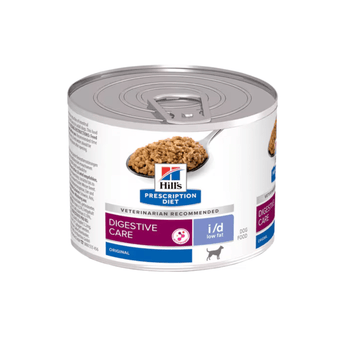 Hills Prescription dog food tin with a spoon full of food pictured on the label, text reads 'Digestive Care' and 'I/D Low Fat' and 'Original' on a white background.
