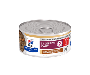 Hills Prescription dog food tin with a bowl full of food pictured on the label, text reads 'Digestive Care' and 'Mini, I/D' and 'Stew flavoured with chicken & Vegetables' on a white background.