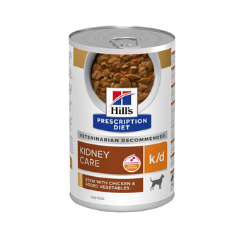 Hills Prescription dog food tin with a bowl full of food pictured on the label, text reads 'Kidney Care, K/D' and 'Stew with chicken & added vegetables' on a white background.