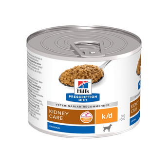 Hills Prescription dog food tin with a spoon full of food pictured on the label, text reads 'Kidney Care, K/D' and 'Original' on a white background.