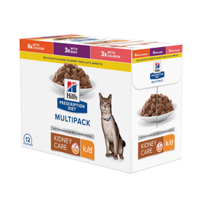 Box of wet cat food pouches with an adult grey tabby cat pictured on the box, text on the box says 'Hill's Prescription Diet Multipack' and '6x with Chicken, 3x with Beef and 3x with Salmon' below is a picture of the wet food.