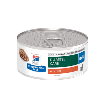 Hills Prescription cat food tin with a bowl full of food pictured on the label, text reads 'Diabetes Care, M/D' and 'with liver' on a white background.