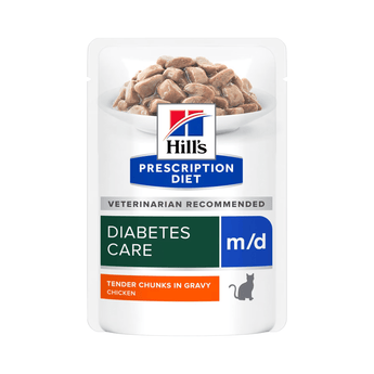Hills Prescription cat food pouch with a bowl full of food pictured on the label, text reads 'Diabetes Care, M/D' and 'Tender chucks in gravy with chicken' on a white background.