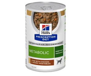Hills Prescription dog food tin with a bowl full of food pictured on the label, text reads 'Metabolic' and 'Stew with Chicken & Added Vegetables' on a white background.