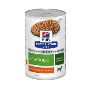 Hills Prescription dog food tin with a spoon full of food pictured on the label, text reads 'Metabolic weight loss & maintenance' and 'Flavoured with Chicken' on a white background.