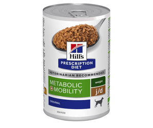 Hills Prescription dog food tin with a spoon full of food pictured on the label, text reads 'Metabolic +Mobility' and Weight, J/D' and 'original' on a white background.
