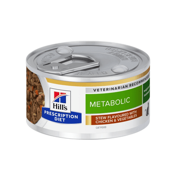 Hills Prescription cat food tin with a bowl full of food pictured on the label, text reads 'Metabolic' and 'Stew with chicken & added vegetables' on a white background.
