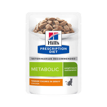 Hills Prescription cat food pouch with a bowl full of food pictured on the packet, text reads 'Metabolic, Weight loss & maintenance' and 'Tender chunks in Gravy with Chicken' on a white background.