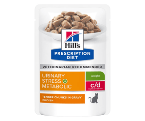 Hills Prescription cat food pouch with a bowl full of food pictured on the packet, text reads 'Urinary Stress +Metabolic, Weight, C/D Multicare Stress' and 'Tender chunks in Gravy with Chicken' on a white background.