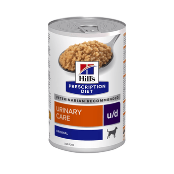 Hills Prescription dog food tin with a spoon full of food pictured on the label, text reads 'Urinary Care, U/D' and 'Original' on a white background.