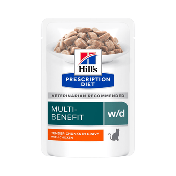 Hills Prescription cat food pouch with a bowl full of food pictured on the label, text reads 'Multi-Benefit, W/D' and 'Tender chucks in gravy with chicken' on a white background.